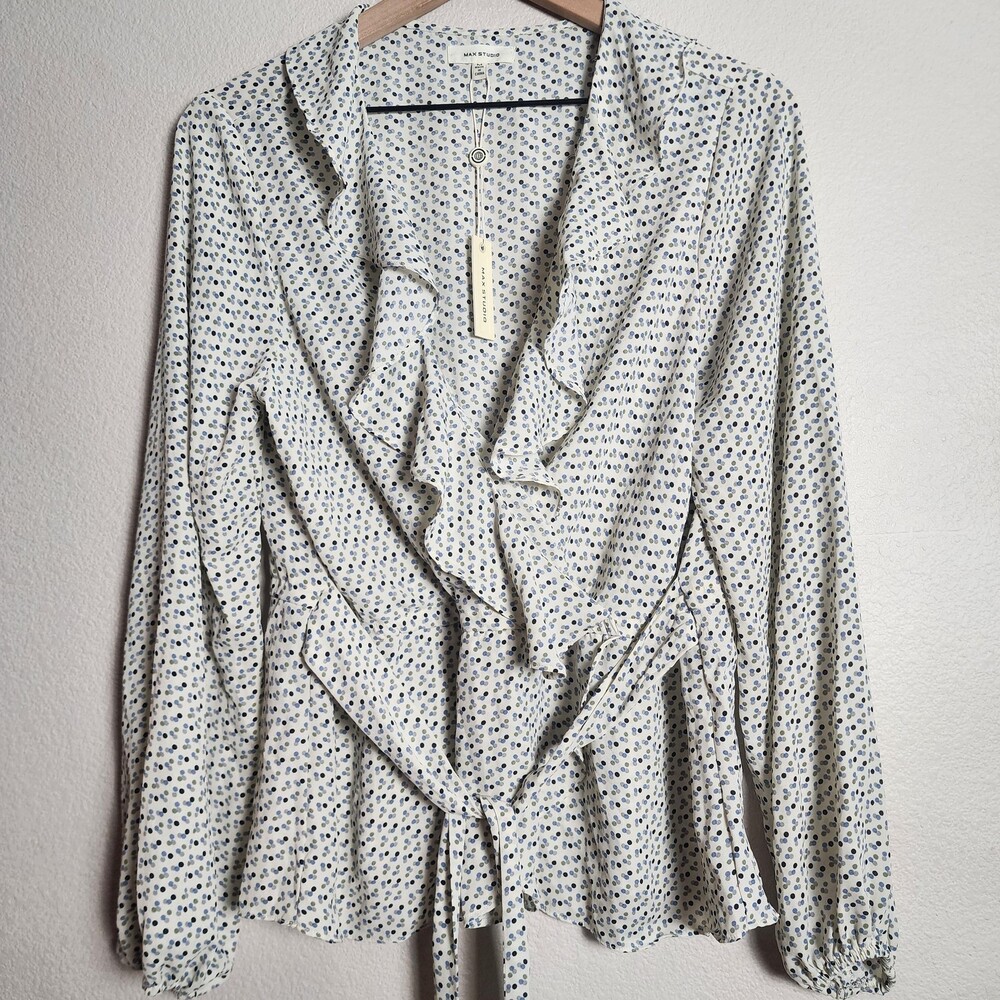 Max Studio Blouse Womens Medium White Polka Dot Ruffle Wrap Tie Waist Top